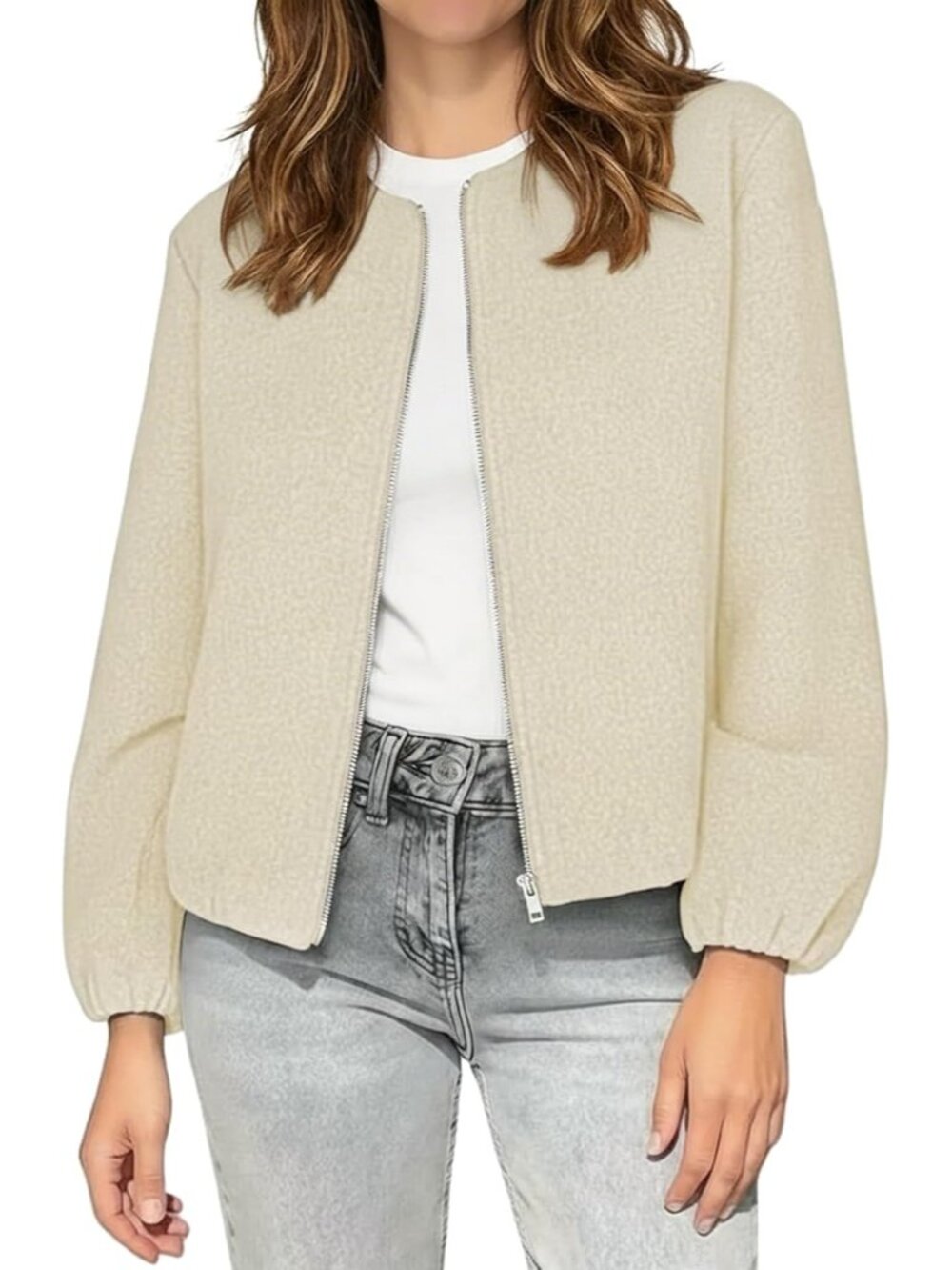 Women's Wool Blend Bomber Jackets Cropped Zip Up Hoodless with Pockets Beige